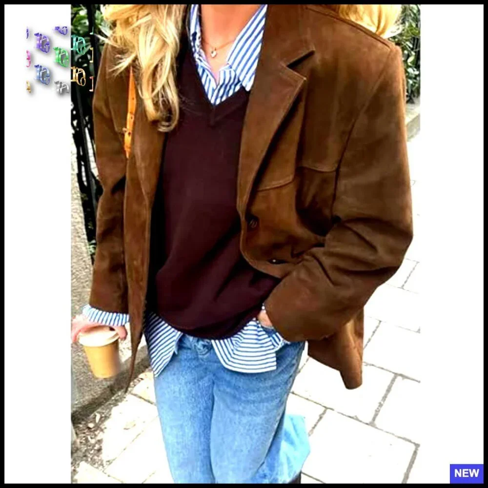 Y2K Faux Suede Blazer Jacket Boyfriend Fit Oversized Shacket Coat Button Down - Picture 2 of 6